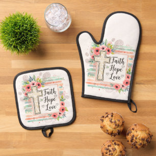 Ensemble De Gant De Cuisine Et De Manique Shabby Chic floral Foi Espérance Amour