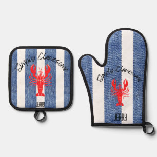 Ensemble De Gant De Cuisine Et De Manique "SIMPLEMENT CLAWESOME" Homard rouge sur Denim Stri