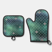 Ensemble De Gant De Cuisine Et De Manique Sirène Silver Turquoise Vert Océan Glitz (Recto)