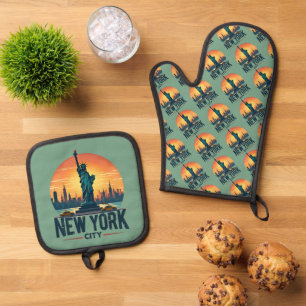 Ensemble De Gant De Cuisine Et De Manique Skyline de New York avec Statue de la Liberté