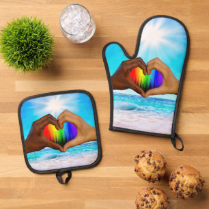 Ensemble De Gant De Cuisine Et De Manique SlipperyJoe dégradé de cœur arc-en-ciel vibrant in