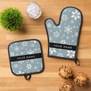 Ensemble De Gant De Cuisine Et De Manique Snowflakes blanc, Grey, Votre nom, Personnaliser