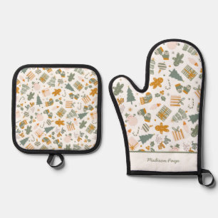 Ensemble De Gant De Cuisine Et De Manique Soirée de Noël Vert Et Or