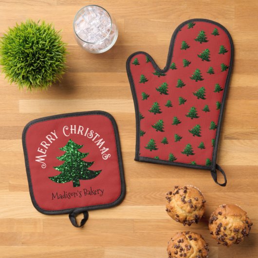 Ensemble De Gant De Cuisine Et De Manique Sparkly Merry Christmas tree Custom name (De haut en bas)