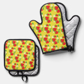 Ensemble De Gant De Cuisine Et De Manique Strawberry and Flowers Pattern Yellow (Recto/Verso)