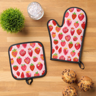 Ensemble De Gant De Cuisine Et De Manique Strawberry Delight Pattern