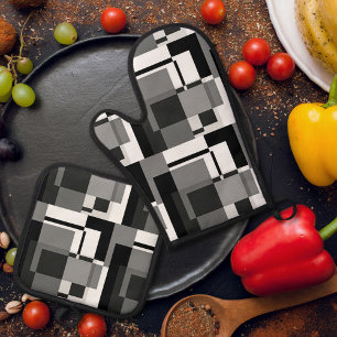 Ensemble De Gant De Cuisine Et De Manique Style Mondrian noir et blanc Abstrait Géométrique