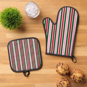 Ensemble De Gant De Cuisine Et De Manique Sucre de canne de Noël rayures en rose vert et rou