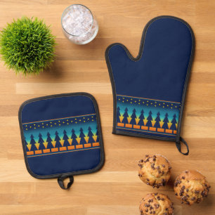 Ensemble De Gant De Cuisine Et De Manique Sud-Ouest Pins Bleus Coucher de Soleil