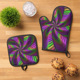 Ensemble De Gant De Cuisine Et De Manique Super Énergétique coloré Neon Motif fractal