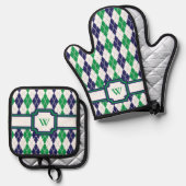 Ensemble De Gant De Cuisine Et De Manique Sur le Vert Argyle (Recto/Verso)