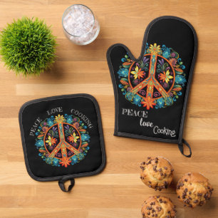 Ensemble De Gant De Cuisine Et De Manique SYMBOLE DE LA PAIX les années 70 60s Colorful