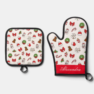 Ensemble De Gant De Cuisine Et De Manique Symboles de Noël Motif Père Noël Nom personnalisé