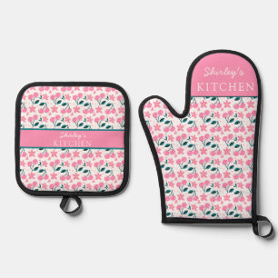 Ensemble De Gant De Cuisine Et De Manique Tablier Rose Cerise Personnalisé four Nom person