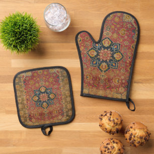 Ensemble De Gant De Cuisine Et De Manique Tapis persan asiatique Kashan en or rouge