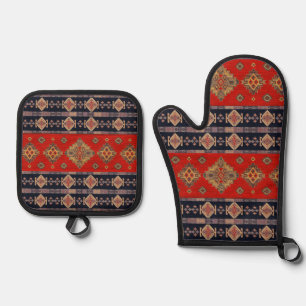 Ensemble De Gant De Cuisine Et De Manique Tapis turc kilim antique vintage or onyx rouge