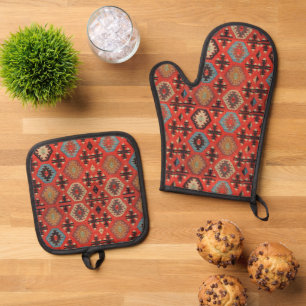 Ensemble De Gant De Cuisine Et De Manique Tapis turc Kilim rouge brûlé antique vintage
