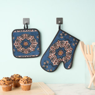 Ensemble De Gant De Cuisine Et De Manique Tapisserie orientale bleue persane motif turc