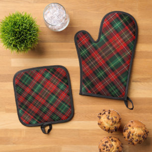 Ensemble De Gant De Cuisine Et De Manique Tartan rouge et vert