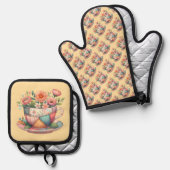 Ensemble De Gant De Cuisine Et De Manique Teacup Patchwork avec Fleurs Whimsical (Recto/Verso)