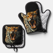 Ensemble De Gant De Cuisine Et De Manique Tête d'attaque du léopard (Recto/Verso)