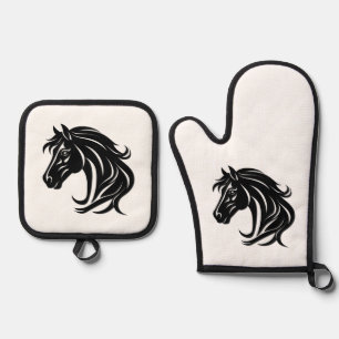 Ensemble De Gant De Cuisine Et De Manique Tête de magnifique cheval noir  