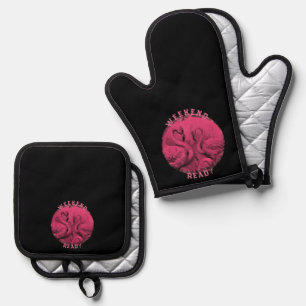 Ensemble De Gant De Cuisine Et De Manique Texte personnalisé Flamant rose rose
