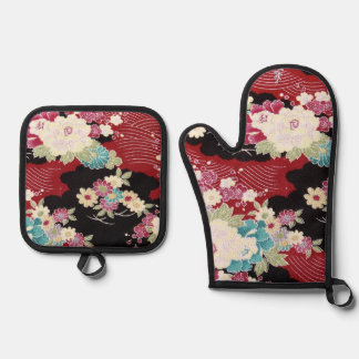 Ensemble De Gant De Cuisine Et De Manique Textile de KIMONO japonais, motif floral