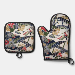 Ensemble De Gant De Cuisine Et De Manique Textile de Kimono Japonais Vintage (Bingata)