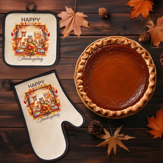 Ensemble De Gant De Cuisine Et De Manique Thankssgiving Woodland Animaux Feuilles d'automne