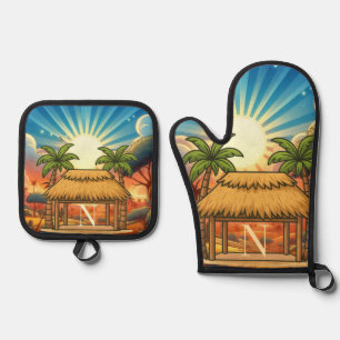 Ensemble De Gant De Cuisine Et De Manique Tiki Hut Lever du Soleil Monogramme Personnalisé