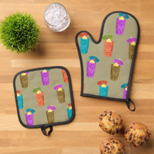 Ensemble De Gant De Cuisine Et De Manique Tiki Mugs Retro Hawaiian Tropical Boissons Khaki
