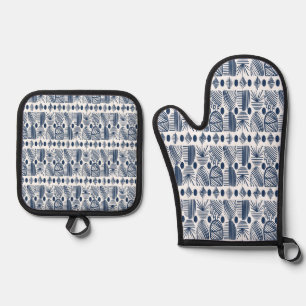 Ensemble De Gant De Cuisine Et De Manique Tissu de moisissure tribale des Caraïbes : bleu ma