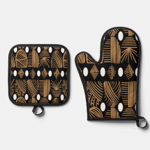 Ensemble De Gant De Cuisine Et De Manique Tissu de moisissure tribale des Caraïbes : noir, b