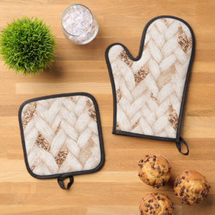 Ensemble De Gant De Cuisine Et De Manique Tissu Faux Tissé Blanc Paillettes Dorées