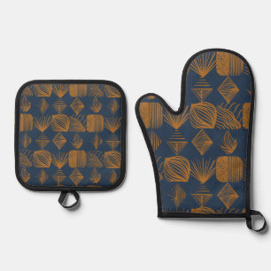 Ensemble De Gant De Cuisine Et De Manique Tissu Tribal des Caraïbes audacieux : bleu marine,