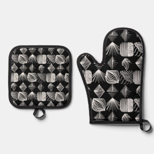 Ensemble De Gant De Cuisine Et De Manique Tissu Tribal des Caraïbes en gras - noir et blanc,