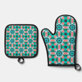 Ensemble De Gant De Cuisine Et De Manique Tissu vibrant sarcelle et saumon Géométrique Kaléi