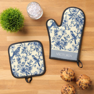 Ensemble De Gant De Cuisine Et De Manique Toile Bleue Shabby Chic Personnalisé
