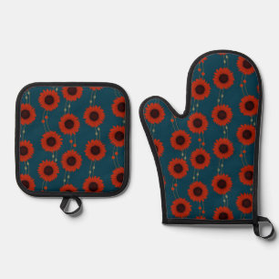 Ensemble De Gant De Cuisine Et De Manique Tournesol Art Nouveau Fleurs Rouges Rayures Rétro