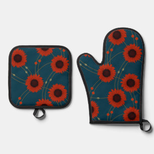 Ensemble De Gant De Cuisine Et De Manique Tournesols rétro floraux rouges Art Nouveau aléato