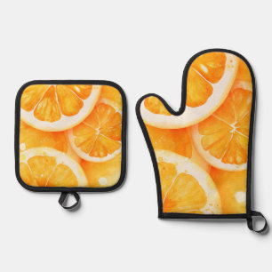 Ensemble De Gant De Cuisine Et De Manique Tranches d'orange juteuses à l'aquarelle