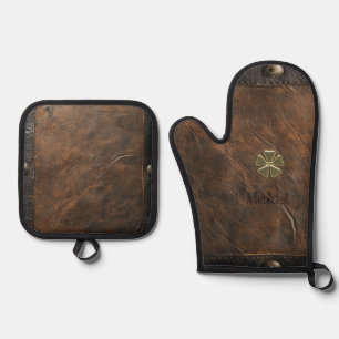 Ensemble De Gant De Cuisine Et De Manique Trèfle doré Saint-Patrick, Cuir marron