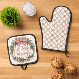 Ensemble De Gant De Cuisine Et De Manique Trellis de Noël Coquette Rose Pinkmas
