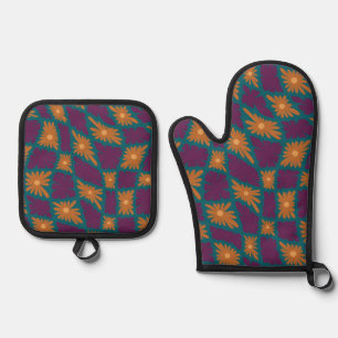 Ensemble De Gant De Cuisine Et De Manique Trippy super 60s Flower Checks Orange Rose