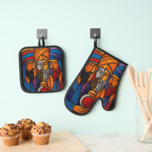 Ensemble De Gant De Cuisine Et De Manique Trois Sages Verre Coloré Moderne