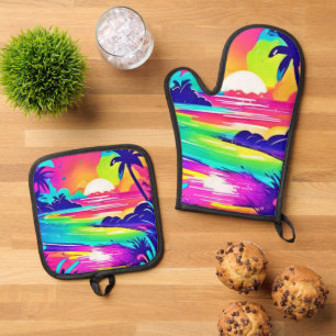 Ensemble De Gant De Cuisine Et De Manique Tropical Rainbow Beach Dream
