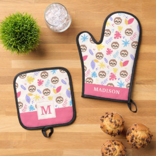 Ensemble De Gant De Cuisine Et De Manique Tropical Sloth & Motif Feuille