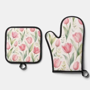 Ensemble De Gant De Cuisine Et De Manique Tulipes roses Peinture florale aquarelle botanique