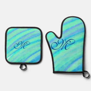 Ensemble De Gant De Cuisine Et De Manique Turquoise bleu vert filigranes ajouter votre monog